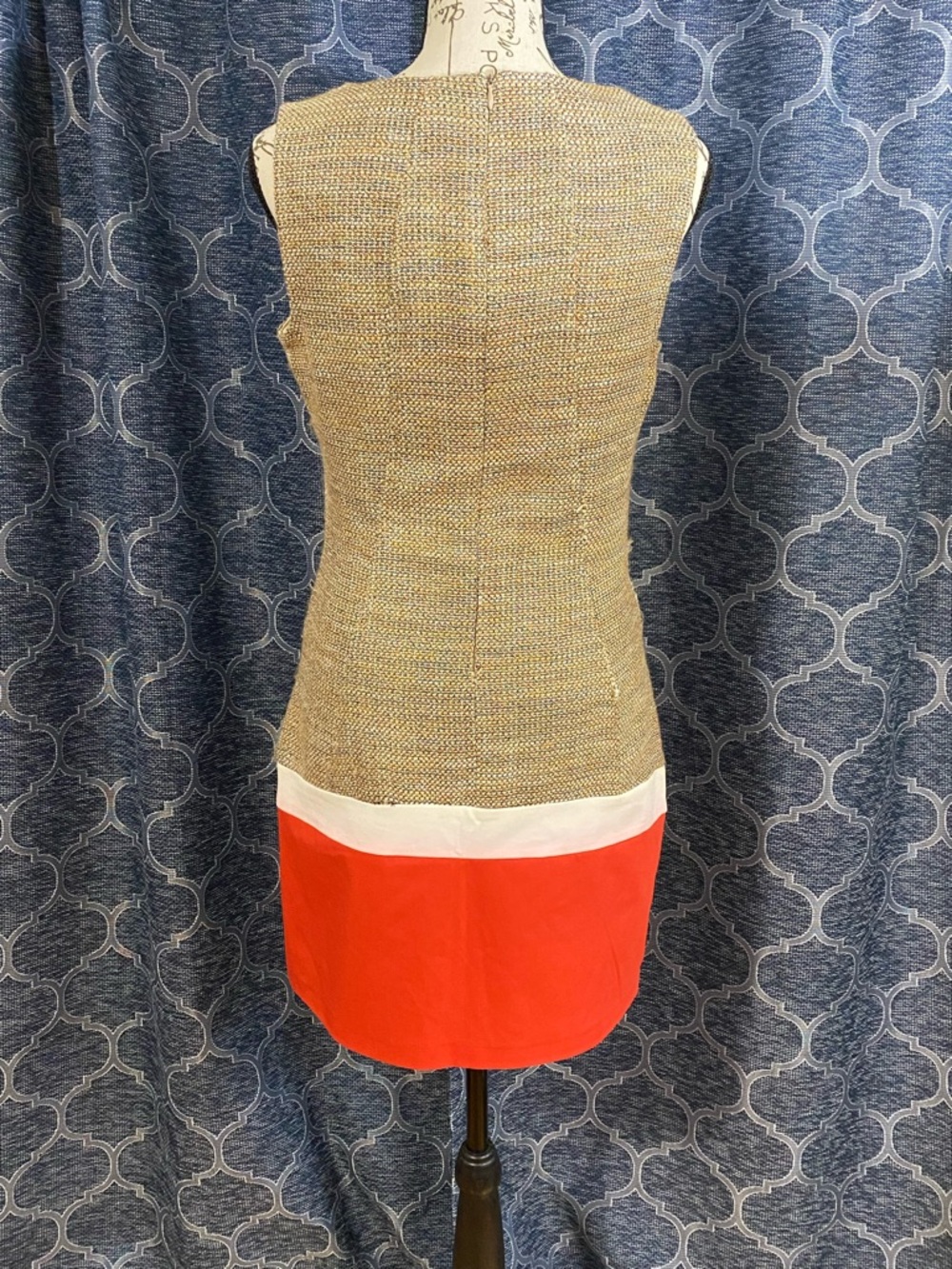 NORM Beige Vintage Tweed Mini Dress with Coral and Gold Trim - Picture 2 of 6